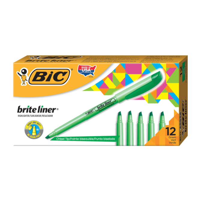 BIC Brite Liner Highlighters, Pocket Style, Chisel Tip, Green, Box Of 12