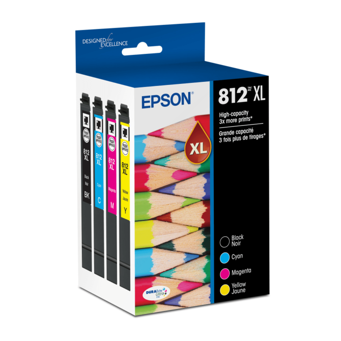 Epson 812XL DURABrite Black; Cyan; Magenta; Yellow, Ultra High-Yield Ink Cartridges, Pack Of 4 Cartridges, T812XL-XCS