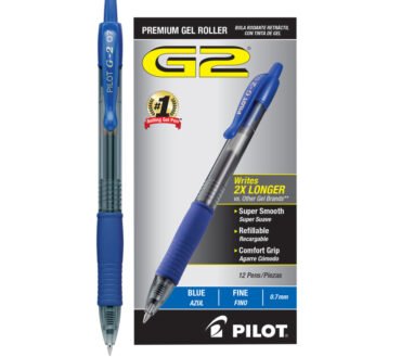 Pilot G2 Retractable Gel Pens, Fine Point, 0.7 mm, Clear Barrels, Blue Ink, Pack Of 12 Pens